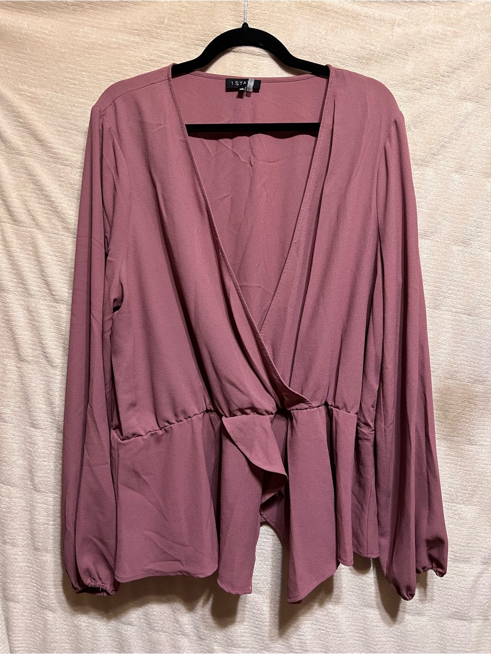 1 State Blouse Womens XXL Berry Pink Long Sleeve‎ V Neck Cinched Waist